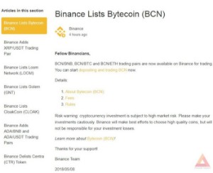 Ảnh của Bytecoin (BCN) tăng giá đột biến sau khi được sàn Binance niêm yết
