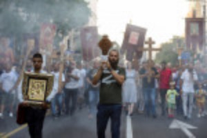 Picture of Protesters march in Belgrade against planned gay Pride event