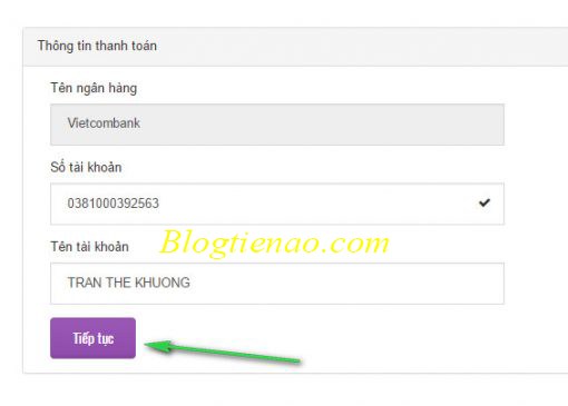 Nhập vào thông tin tài khoản ngân hàng
