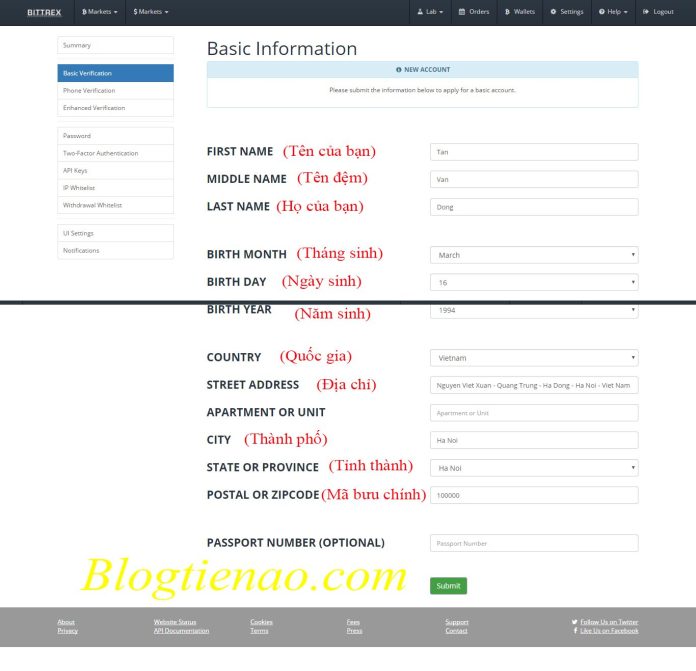 Nhập thông tin cơ bản trên Bittrex