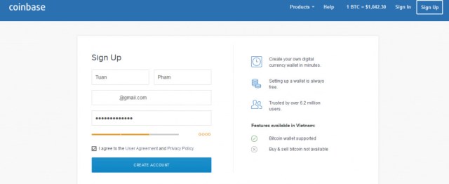 Đăng ký tạo ví Bitcoin trên coinbase