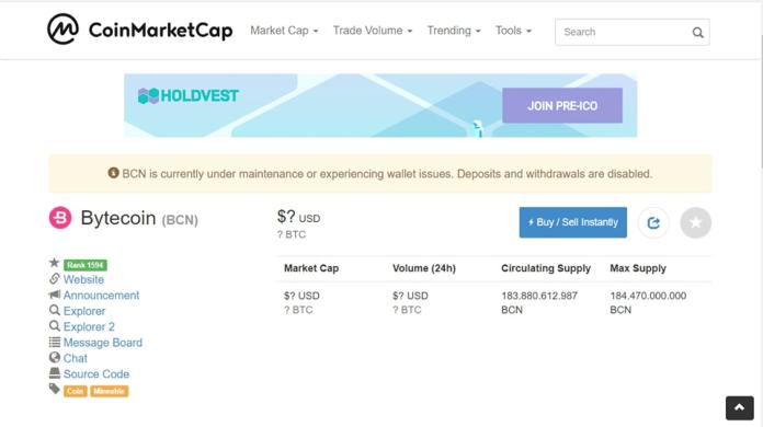 Bytecoin bị vô hiệu hoá trên Coinmarketcap