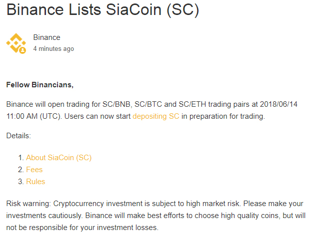 Thông báo của Binance