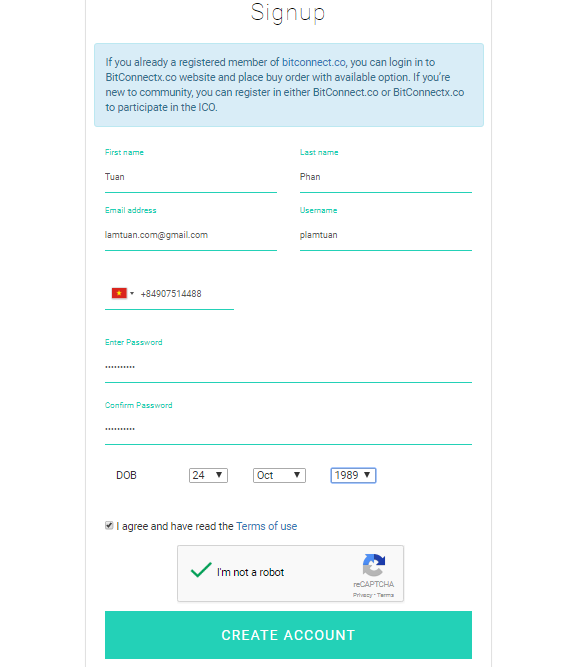 Điền đầy đủ thông tin cá nhân và chọn CREATE ACCOOUNT.