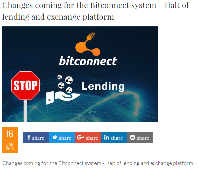 BitConnect thông báo ngừng Lending trên website chính thức.