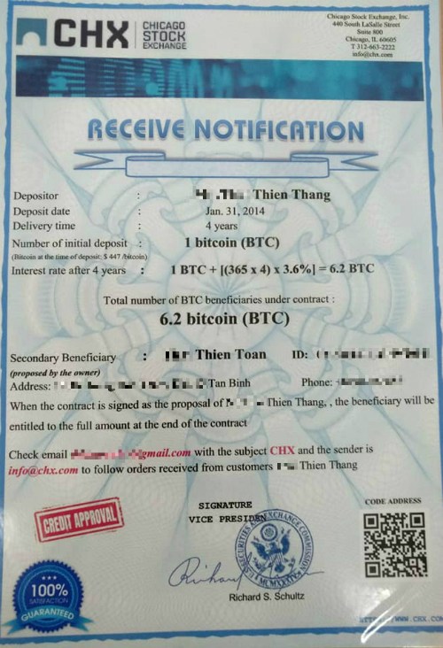 Phiếu thông báo lãi tài sản thừa kế sau 4 năm ký gửi Bitcoin của cha anh Toàn.