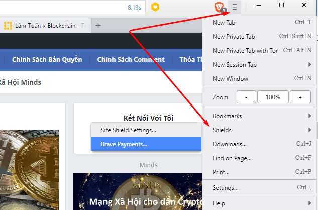Mở trình duyệt Brave >Setting (3 gạch ngang) > Shields > Start using Brave Payments.