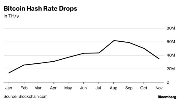 Hash rate của bitcoin giảm dần tức mốc cao nhất đạt được hồi tháng 8 (Nguồn BLOOMBERG)