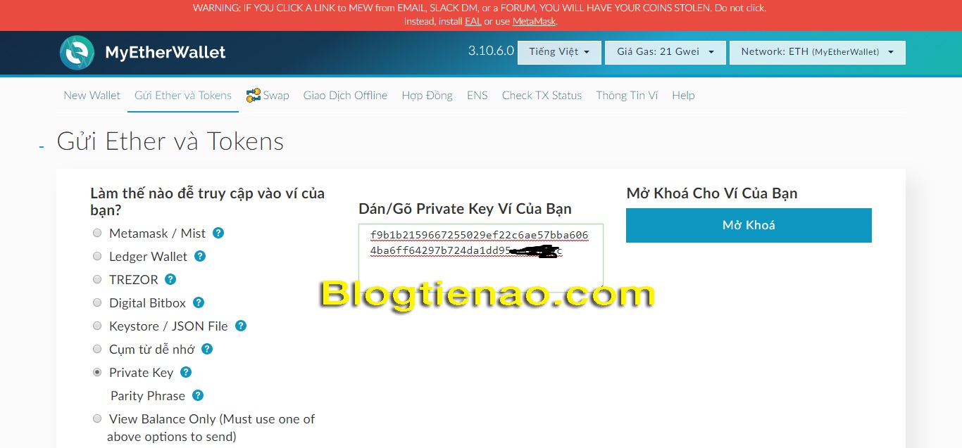 CÃ¡ch ÄÄng nháº­p vÃ o vÃ­ MyEtherWallet báº±ng Private Key