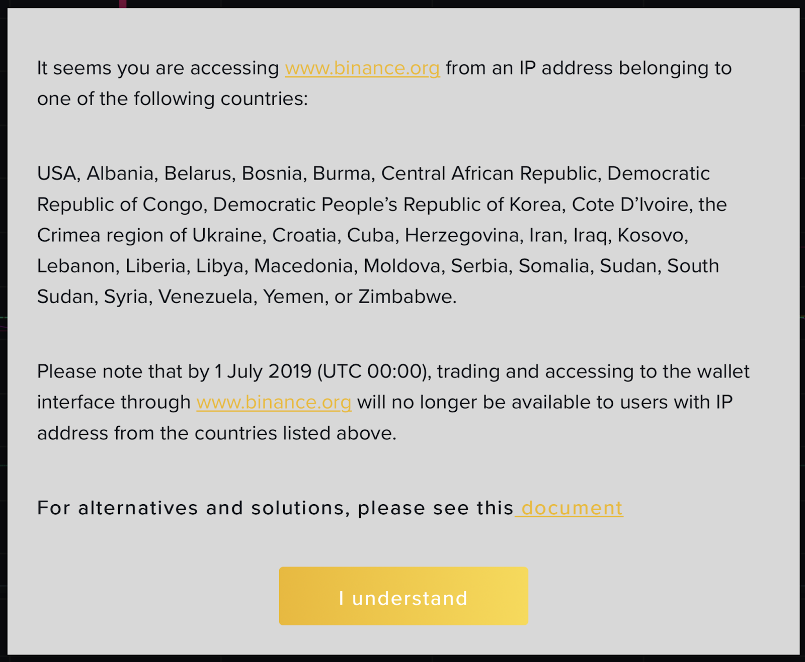 Pop-up when accessing the platform from within the U.S.