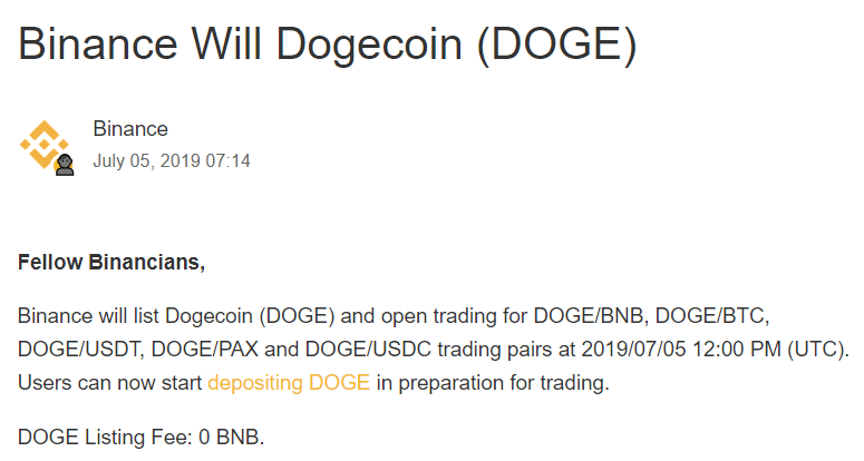 dogecoin được niêm yết trên sàn giao dịch binance,doge,dogecoin,binance
