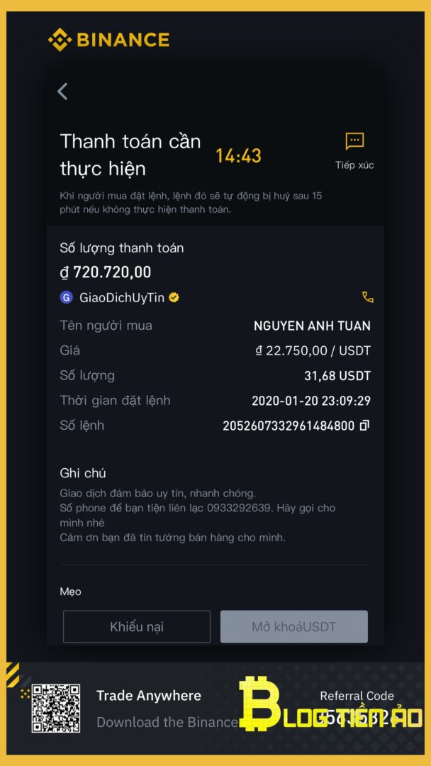 Chờ người mua chuyển tiền vào thẻ và mở khóa giao dịch
