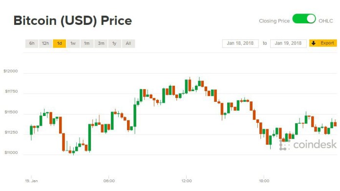 Diễn biến giá Bitcoin 24 giờ qua. Nguồn: CoinDesk