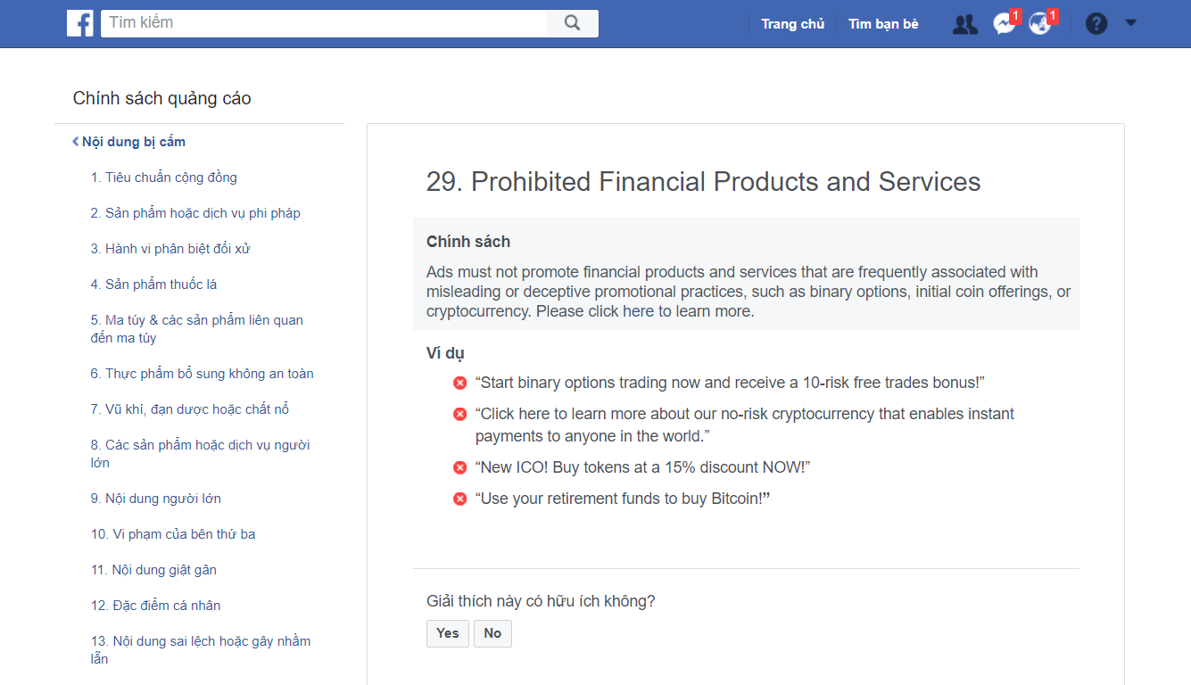 ĐIều 29 về những hành vi bị cấm trong Chính sách quảng cáo của Facebook